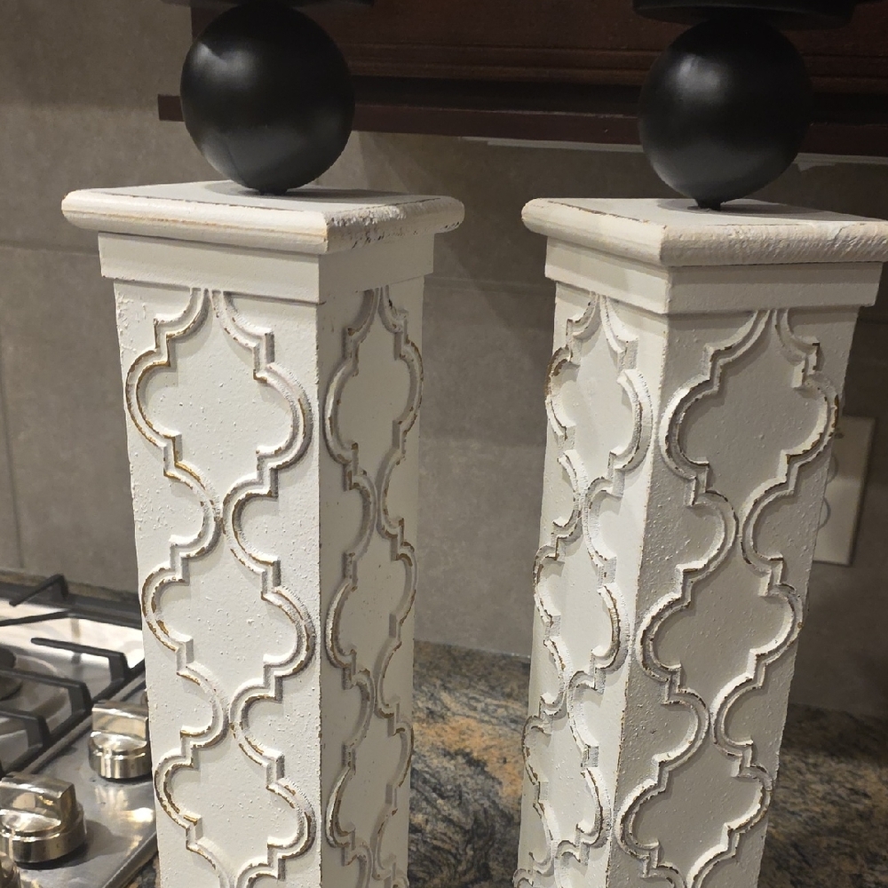 Distressed White Carved Pillar Candle Holders with Black Accents - Pair - Picture 6 of 8